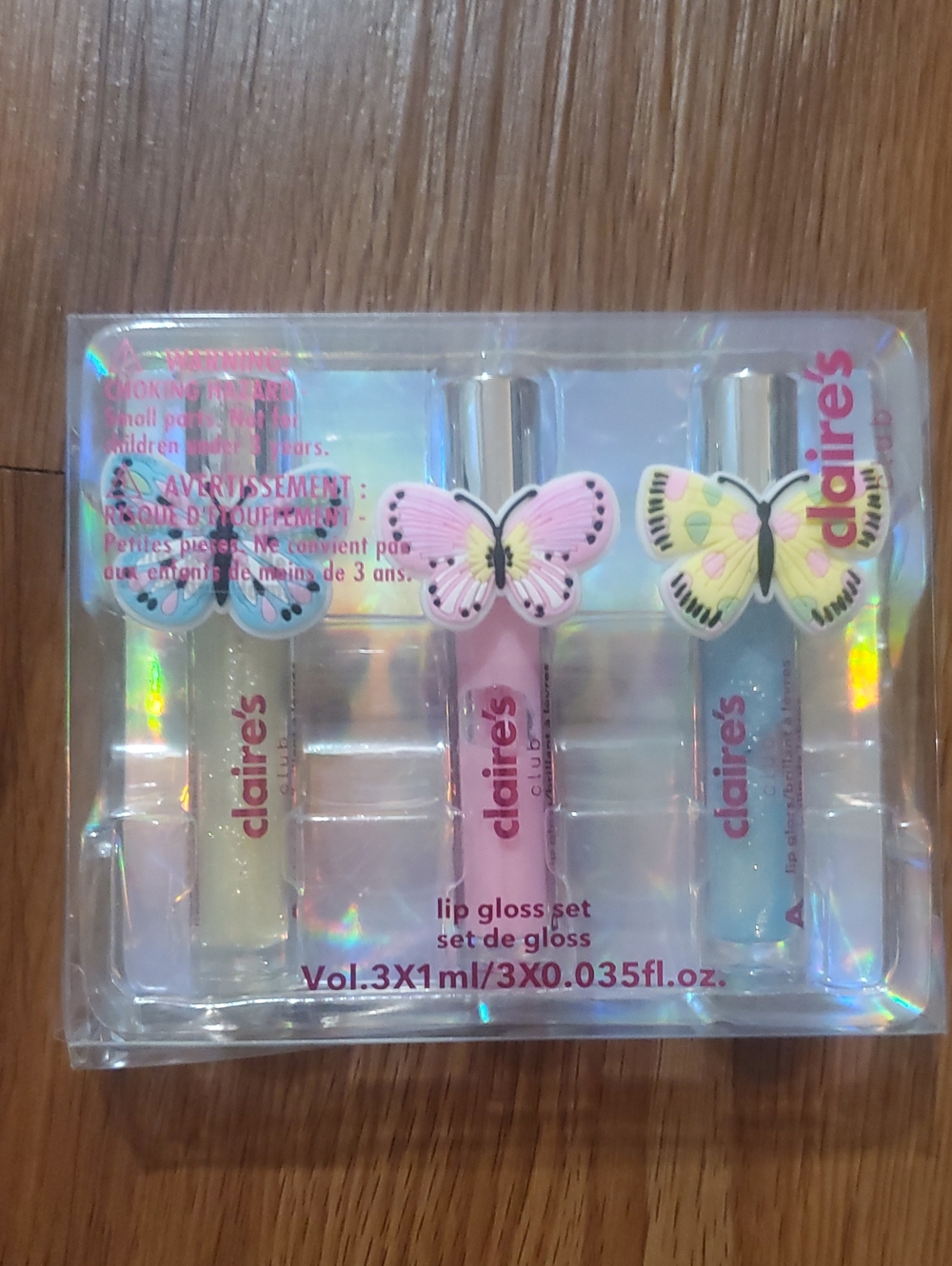 Claire's Pastel Butterfly Lip Gloss Trio - Pink, Blue, Clear